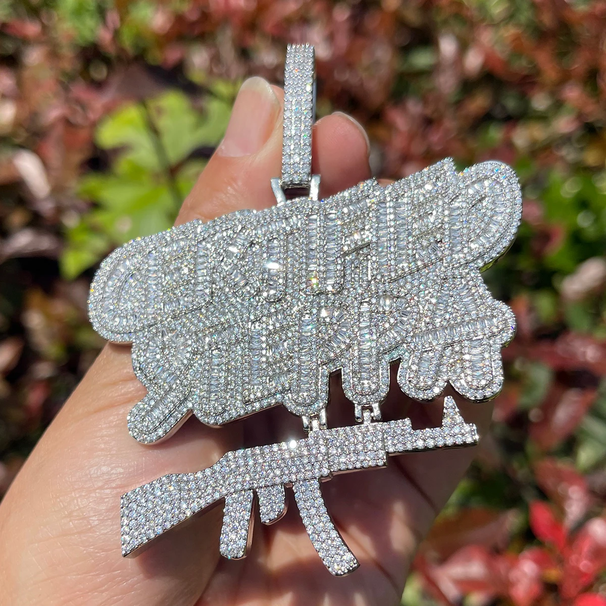 Bubble Letter Certified Steppa Gun Necklace for Men Iced Out Pendant Real Gold Plated Cubic Zirconia Hip Hop Jewelry