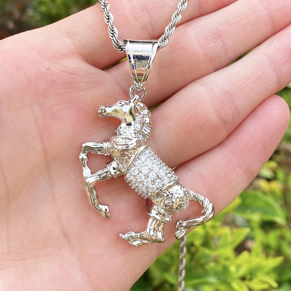 Bubble Letter Iced Out Horse Necklace Pendant for Men Real Gold Plated Cubic Zirconia Hip Hop Jewelry