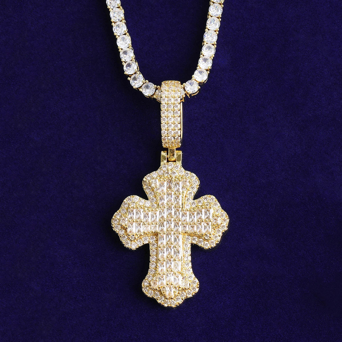 Bubble Letter Iced Out Baguette Cross Necklace Pendant for Women Real Gold Plated Hip Hop Jewelry