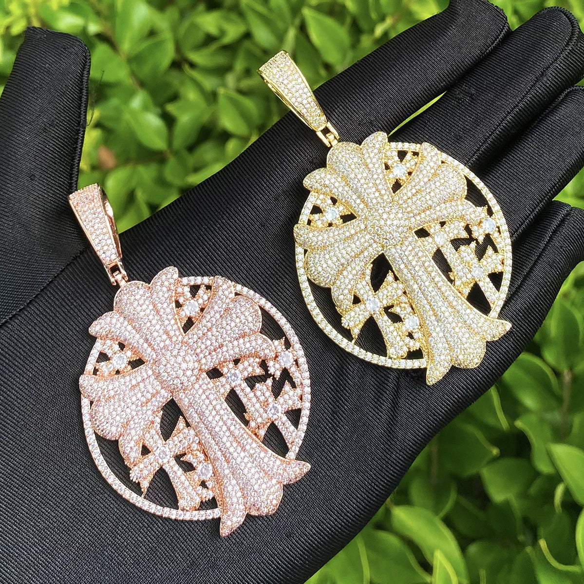 Bubble Letter Iced Out Cross Disc Necklace Pendant for Women Real Gold Plated 5A Cubic Zirconia Hip Hop Jewelry