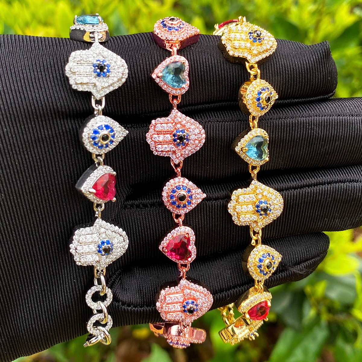 Bubble Letter Iced Out Hamsa Hand Heart Eye Bracelet for Women Real Gold Plated Cubic Zirconia Hip Hop Jewelry