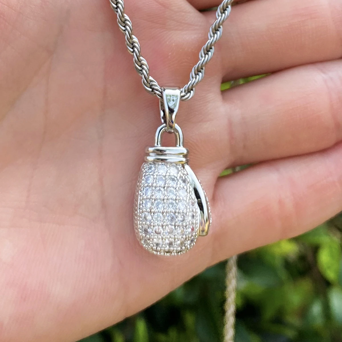 Bubble Letter Iced Out boxing Gloves for Men Necklace Pendant Real Gold Plated Cubic Zirconia Hip Hop Jewelry
