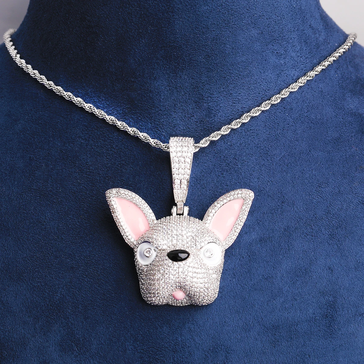 Bubble Letter Iced Out Pink Ears Dog Necklace Pendant for Men Prong Setting 5A Cubic Zirconia Hip Hop Jewelry