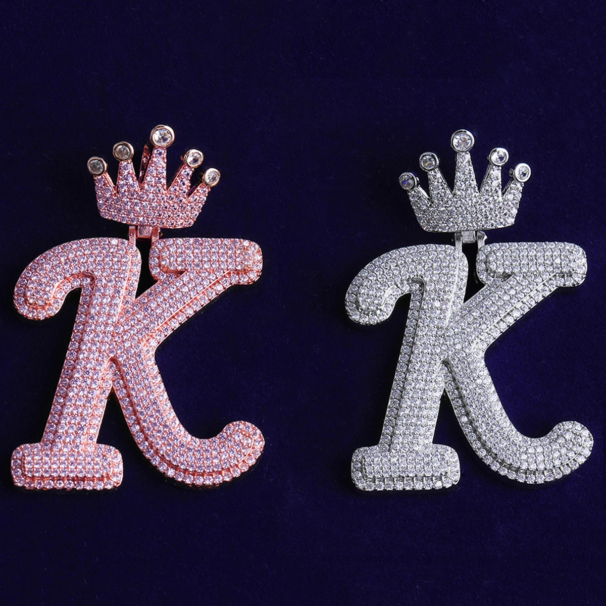 Bubble Letter Iced Out Initial Letter K Crown Bail for Men Necklace Pendant Real Gold Plated Cubic Zirconia Hip Hop Jewelry