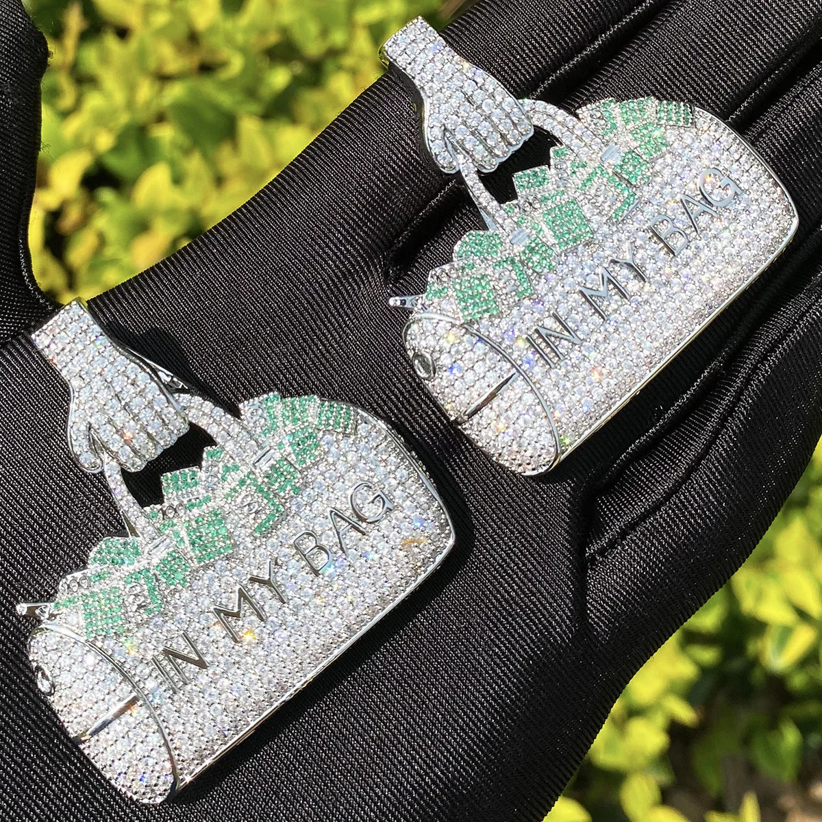 Bubble Letter Iced Out Silver Green In My Bag Necklace Pendant for Men Real Gold Plated 5A Cubic Zirconia Hip Hop Jewelry