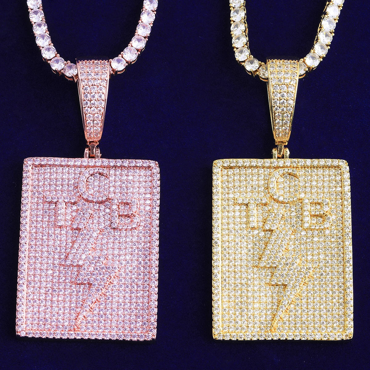 Bubble Letter Iced Out TCB Lighting Bolt Necklace Pendant for Men Prong Setting Real Gold Plated Hip Hop Jewelry