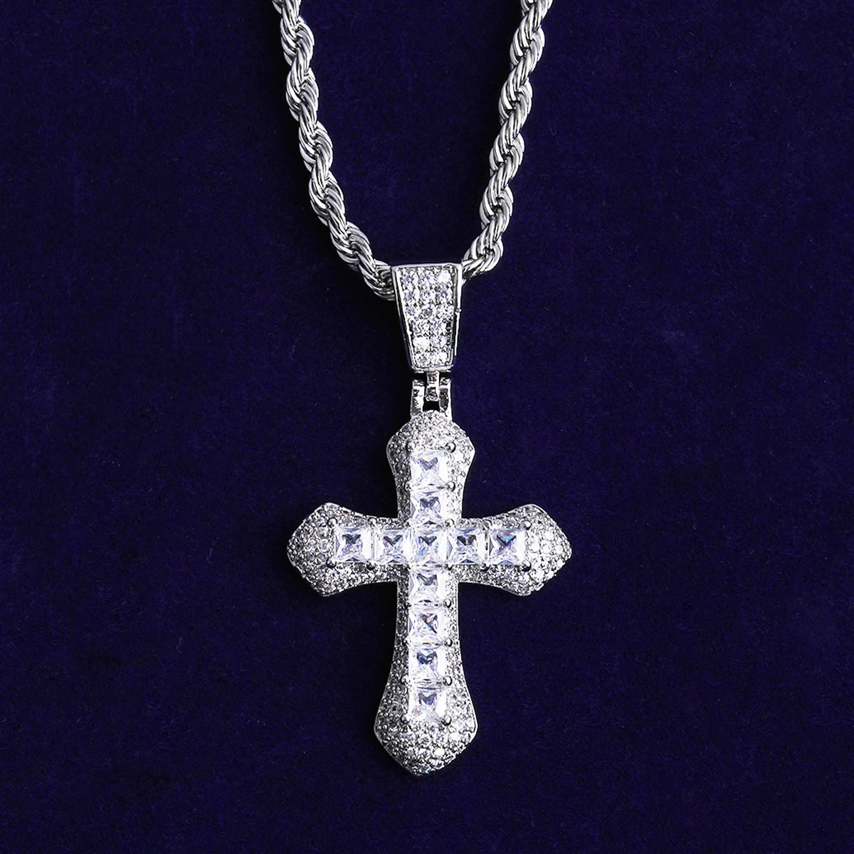 Bubble Letter Iced Out Small Baguette Cross Necklace Pendant for Men Real Gold Plated 5A Cubic Zirconia Hip Hop Jewelry