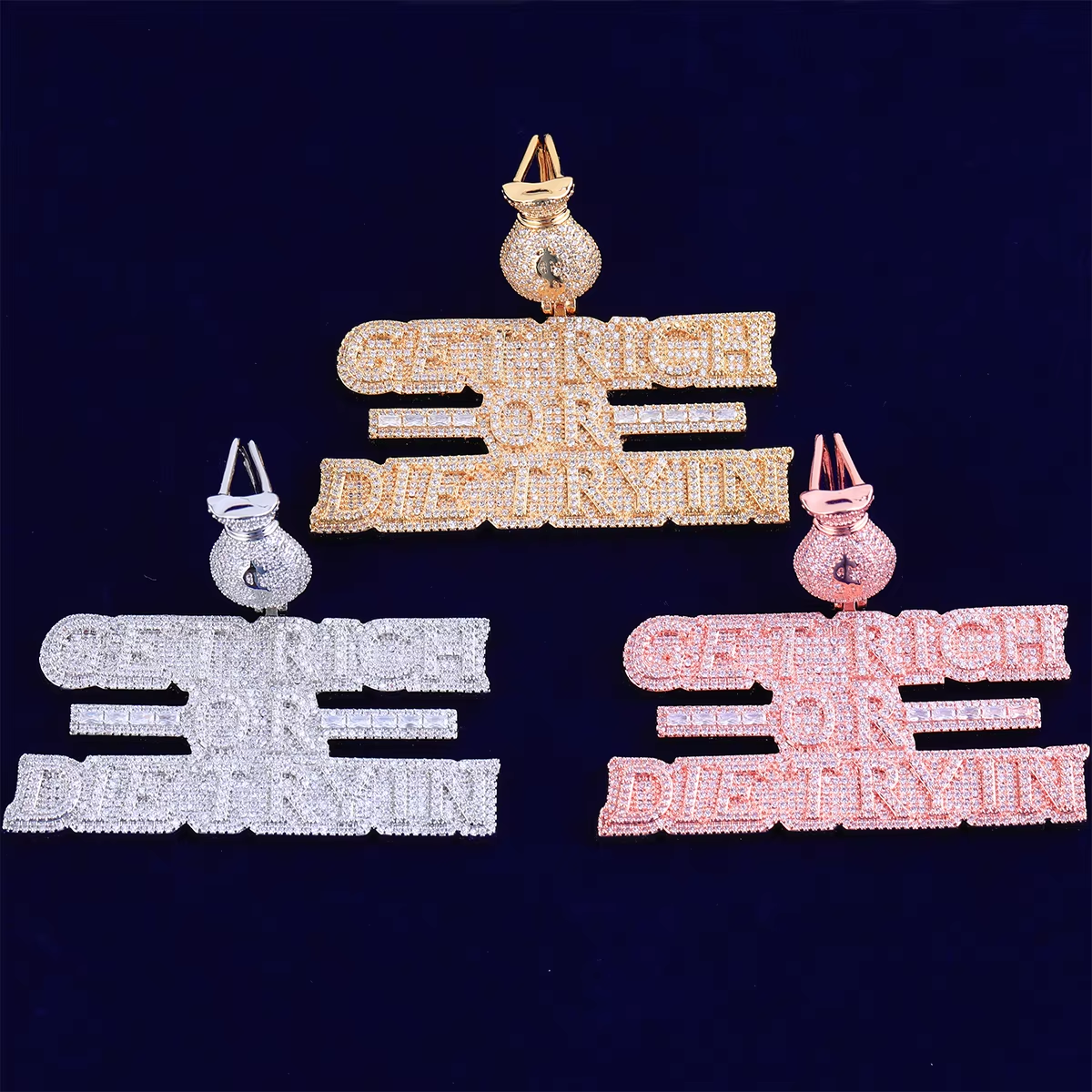 Bubble Letter Iced Out Necklace Pendant for Men Real Copper Get Rich Hip Hop Jewelry