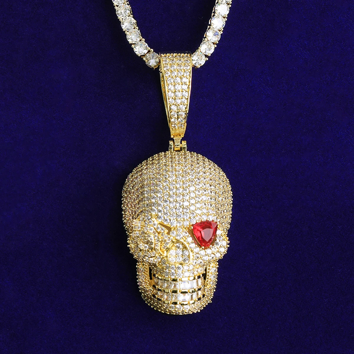 Bubble Letter Iced Out Rose Flower Red Eye Skull Necklace Pendant for Men Prong Setting 5A Cubic Zirconia Hip Hop Jewelry