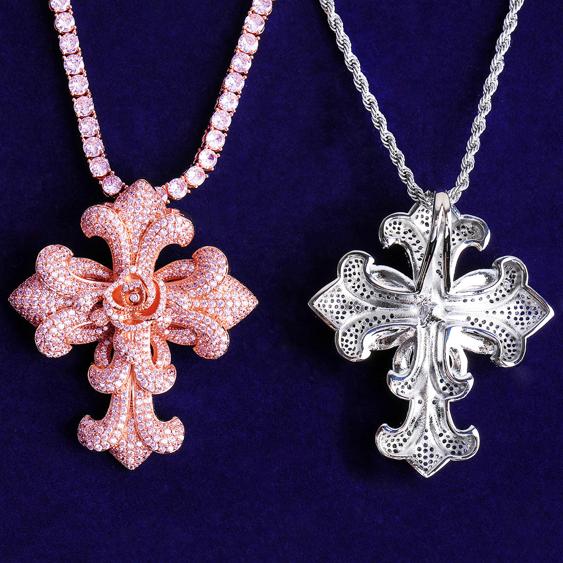 Bubble Letter Iced Out Rose Flower Cross Necklace Pendant for Men Prong Setting 5A Cubic Zirconia Hip Hop Jewelry