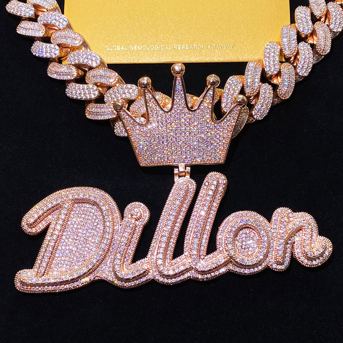 Bubble Letter Silver 925 Moissanite Iced Out Custom Name Necklace Pendant for Women Crown Bail Hip Hop Jewelry