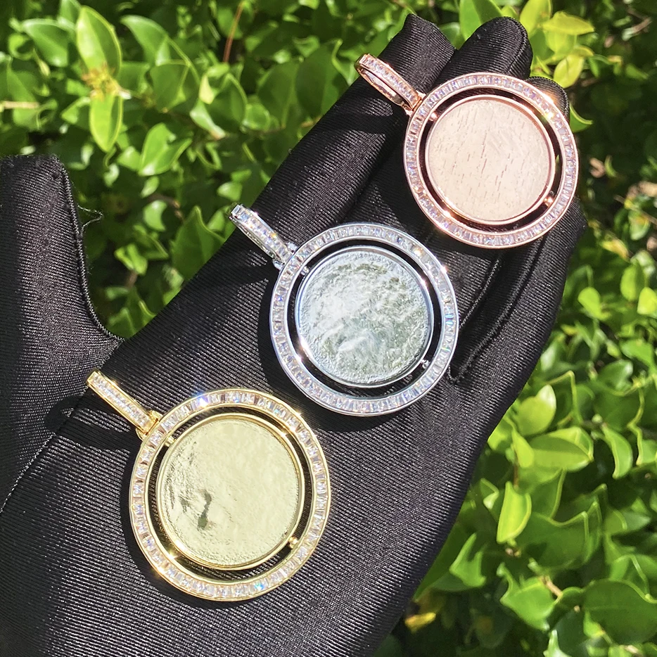 Bubble Letter Baguette Rotating Customized Photo Necklace Pendant for Men Real Gold Plated 5A Cubic Zirconia Hip Hop Jewelry