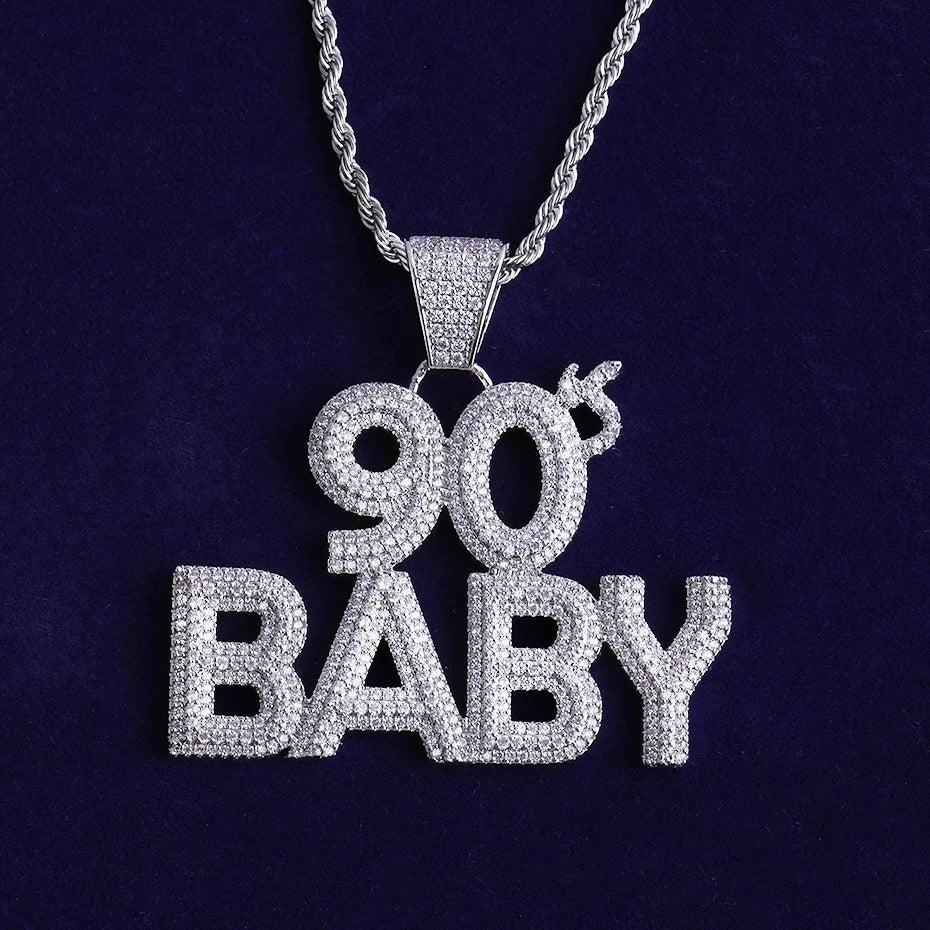 Bubble Letter Iced Out 90s Baby Necklace Pendant for Men Real Gold Plated Hip Hop Jewelry