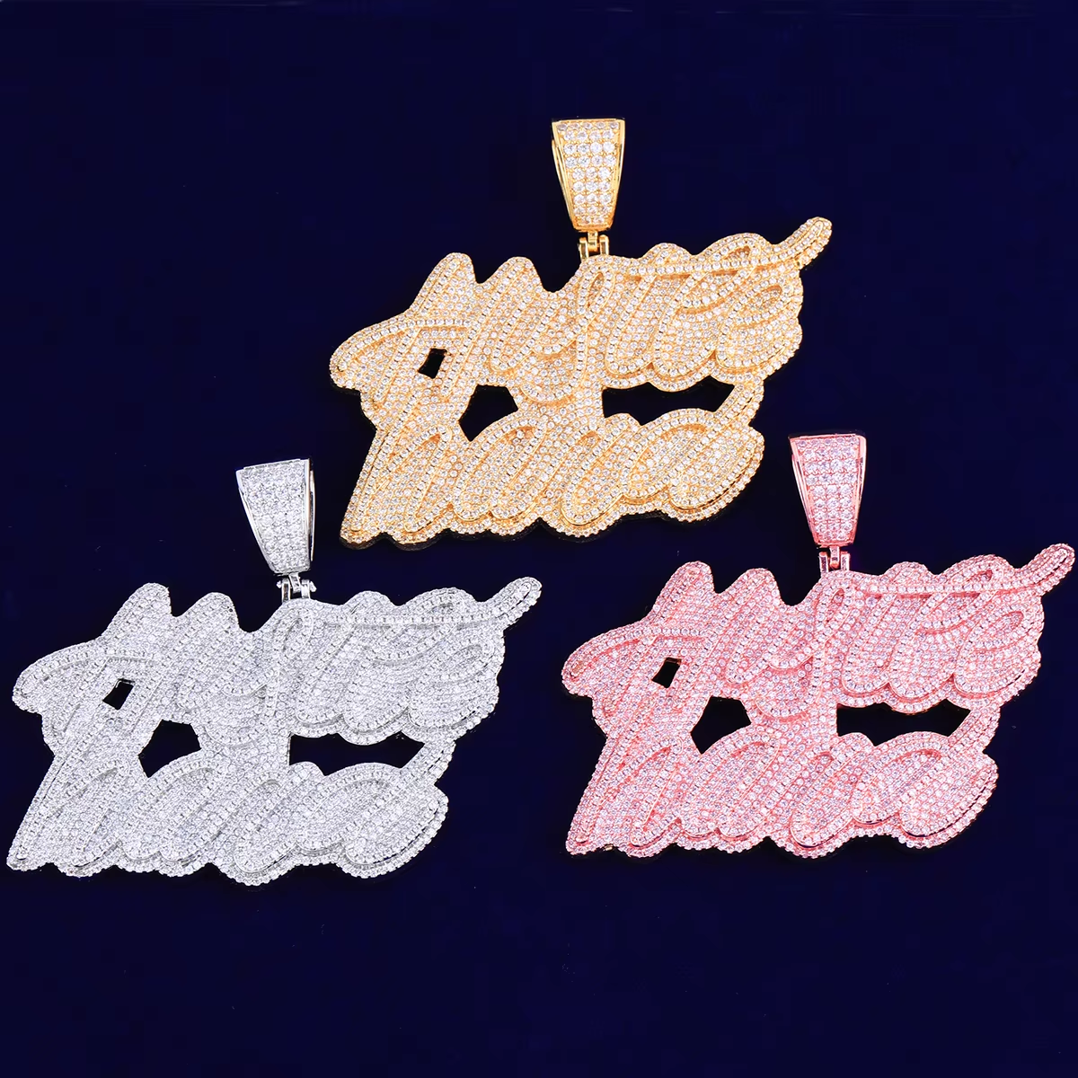 Bubble Letter Iced Out Hustle Hard Necklace Pendant for Men Real Copper Gold Plated Hip Hop Jewelry
