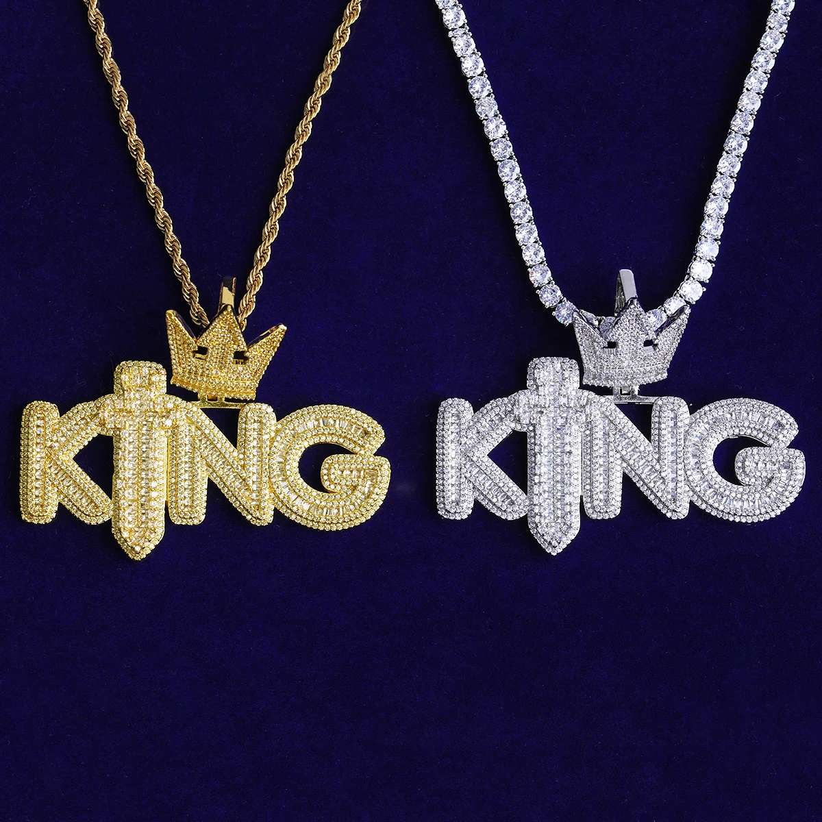 Bubble Letter Iced Out King Sword Crown Bail Necklace Pendant for Men Prong Setting 5A Cubic Zirconia Hip Hop Jewelry