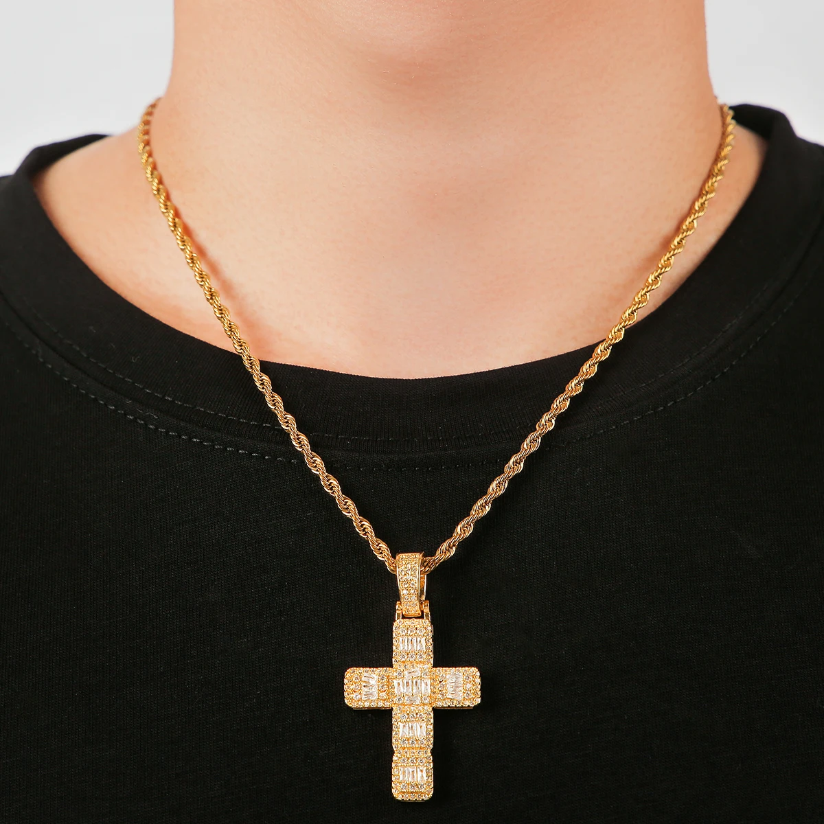 BubbLe Letter Men Necklace Baguette Cross Pendant Real Gold Plated Iced Out Hip Hop Jewelry Rapper
