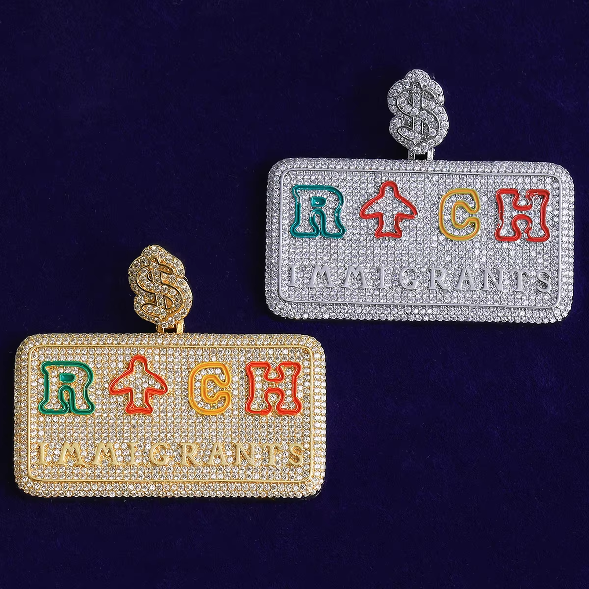 Bubble Letter Iced Out Rich Immigrant Necklace Pendant for Men Real Gold Plated Cubic Zirconia Hip Hop Jewelry
