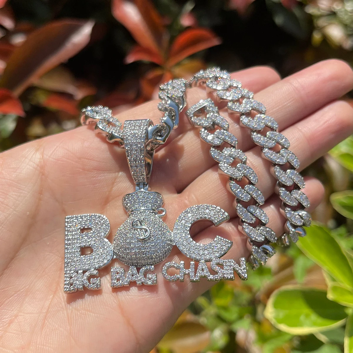 Bubble Letter Prong Necklace for Men Iced Out Pendant Big Bag Chase Charms Hip Hop Jewelry
