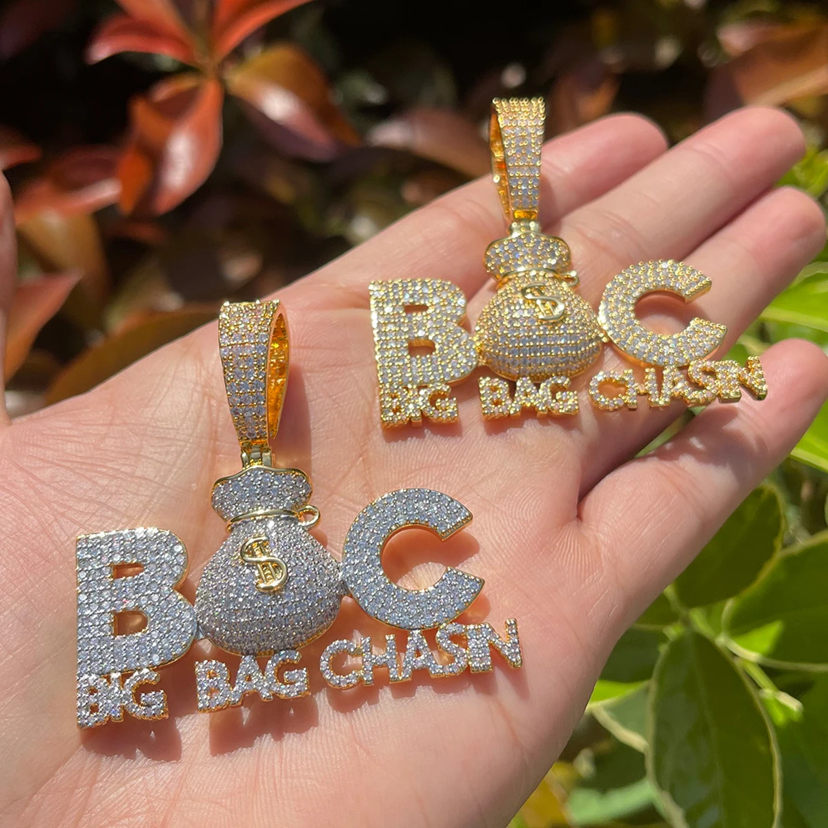 Bubble Letter Prong Necklace for Men Iced Out Pendant Big Bag Chase Charms Hip Hop Jewelry