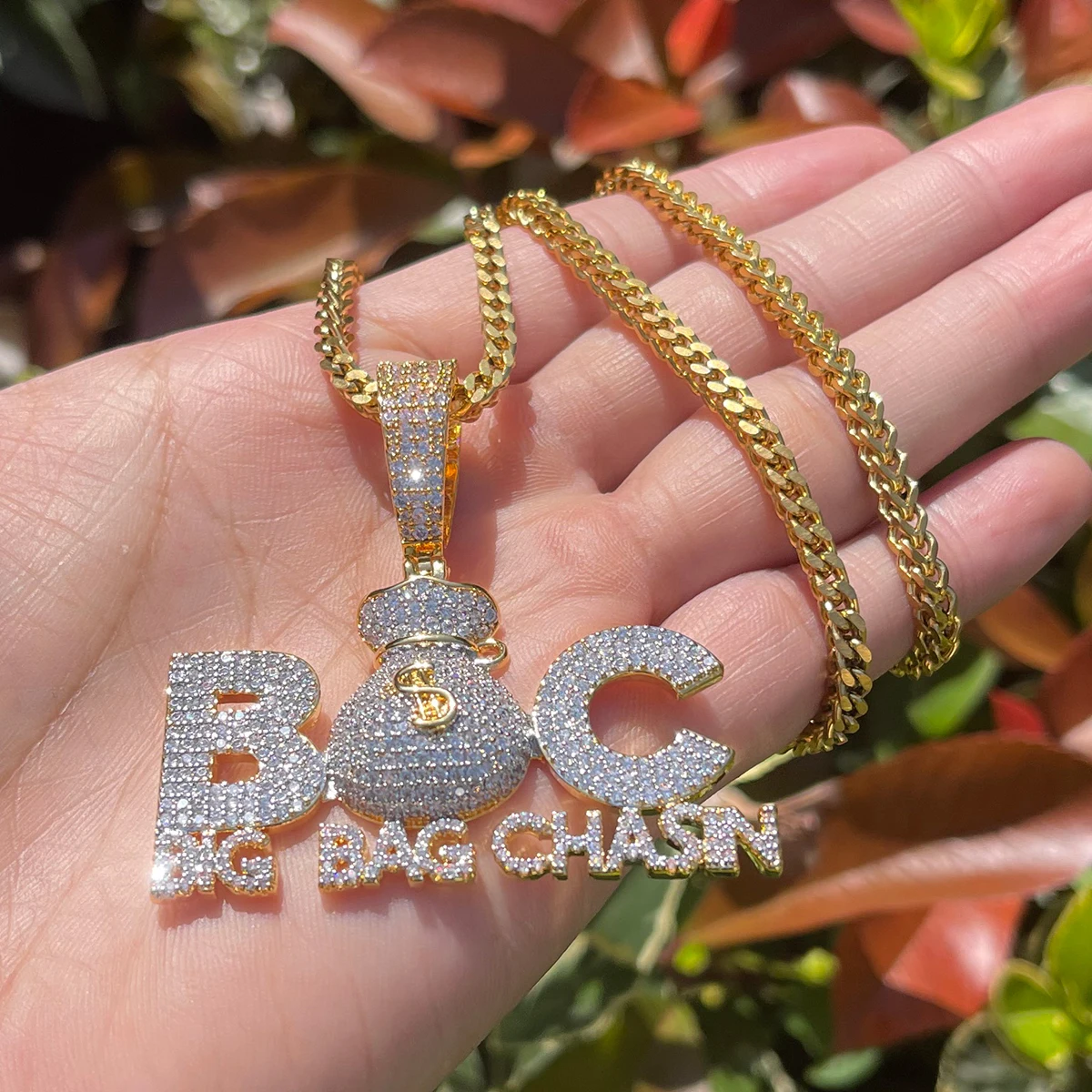 Bubble Letter Prong Necklace for Men Iced Out Pendant Big Bag Chase Charms Hip Hop Jewelry