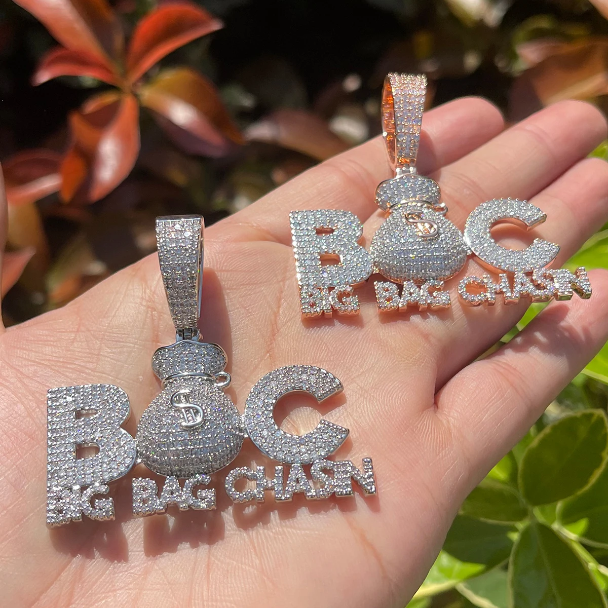 Bubble Letter Prong Necklace for Men Iced Out Pendant Big Bag Chase Charms Hip Hop Jewelry
