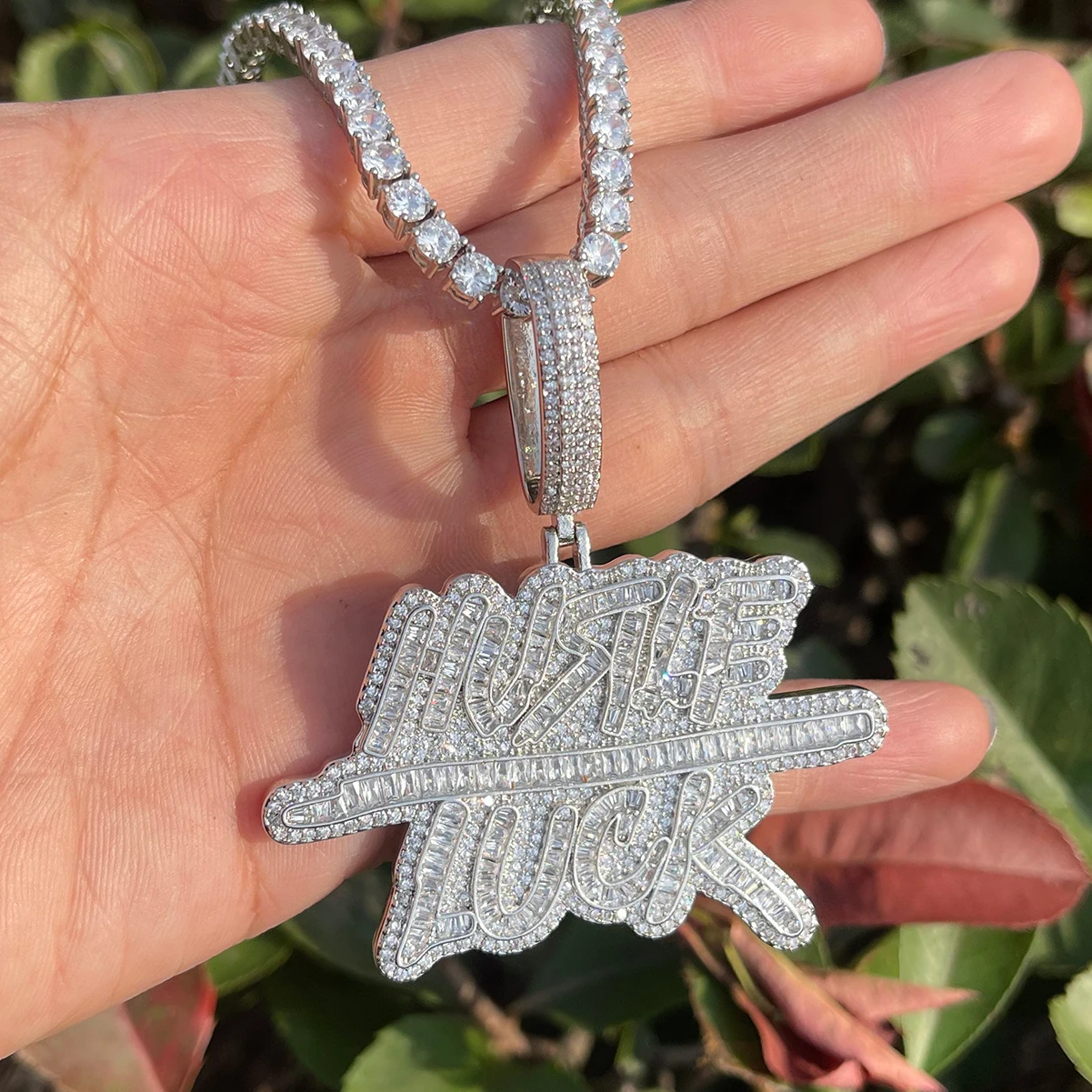 Bubble Letter Iced Out Hustle Luck Necklace Pendant for Men Real Gold Plated Cubic Zirconia Hip Hop Jewelry