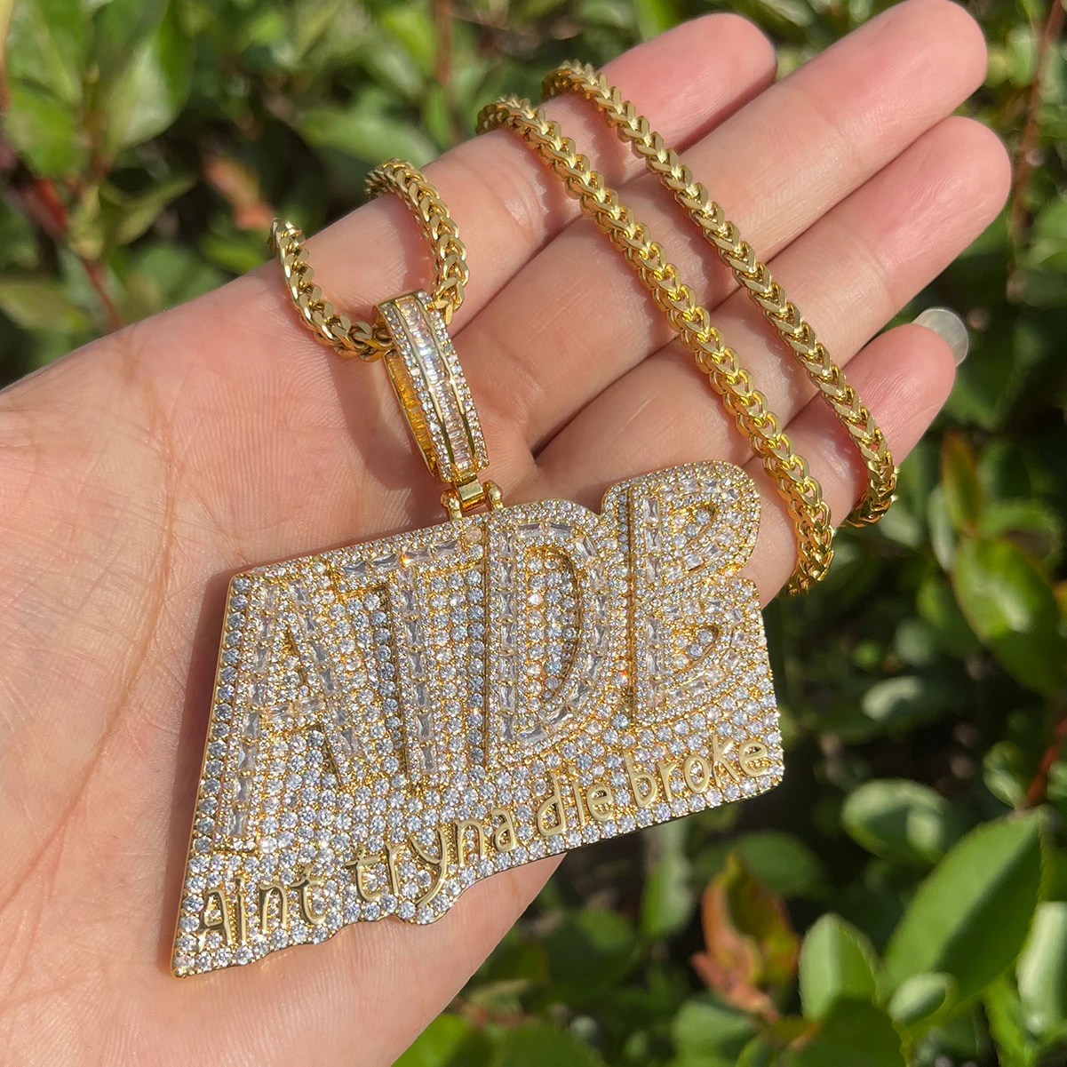 Bubble Letter Iced Out Necklace for Men Prong Setting Pendant Cubic Zirconia Real Gold Plated Hip Hop Jewelry