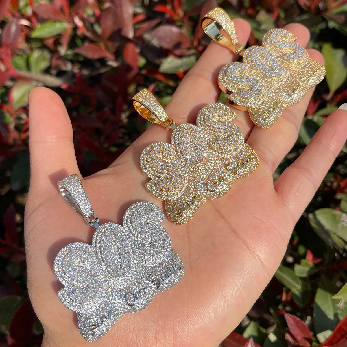 Bubble Letter Save Our Soul Pendant Iced Out Necklace for Men Prong Setting Real Copper Cubic Zirconia Hip Hop Jewelry