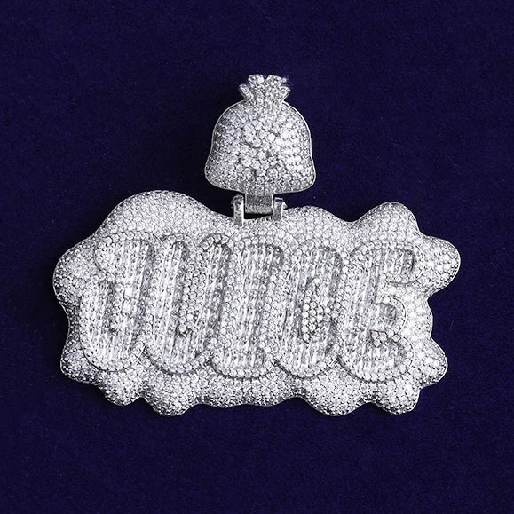 Bubble Letter Iced Out Juice Money Bag Bail Necklace Pendant for Men Real Gold Plated 5A Cubic Zirconia Hip Hop Jewelry