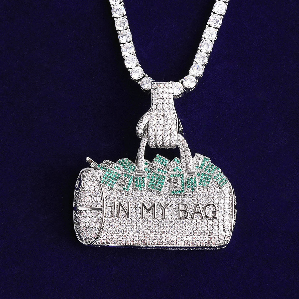 Bubble Letter Iced Out Silver Green In My Bag Necklace Pendant for Men Real Gold Plated 5A Cubic Zirconia Hip Hop Jewelry