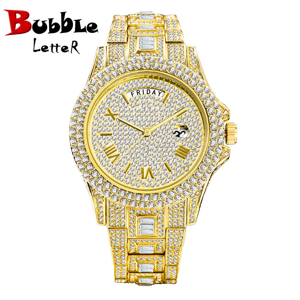 Bubble Letter DAY DATE ROMAN NUMERALS VVS ICED OUT DIAMOND WATCH