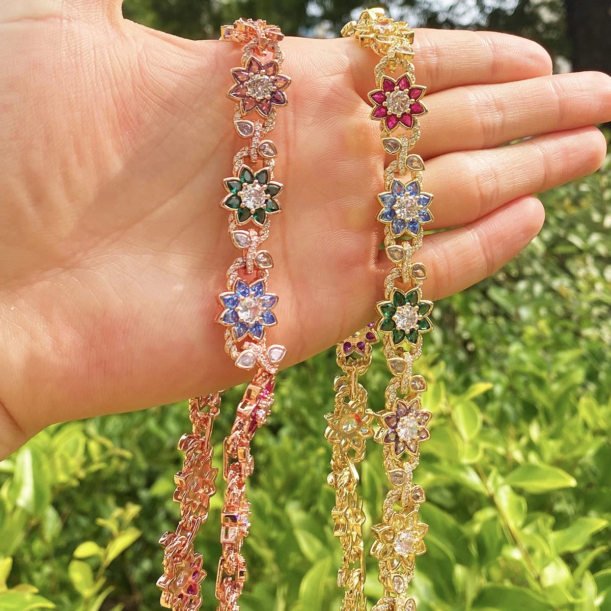 Bubble Letter Iced Out Colorful Flower leaves Necklace Choker for Women Prong Setting Real Gold Plated Hip Hop Jewelry