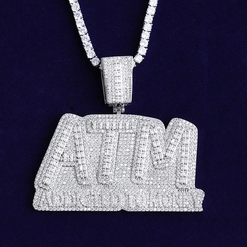 Bubble Letter Iced Out ATM Addicted to Money Necklace Pendant for Men Real Gold Plated 5A Cubic Zirconia Hip Hop Jewelry