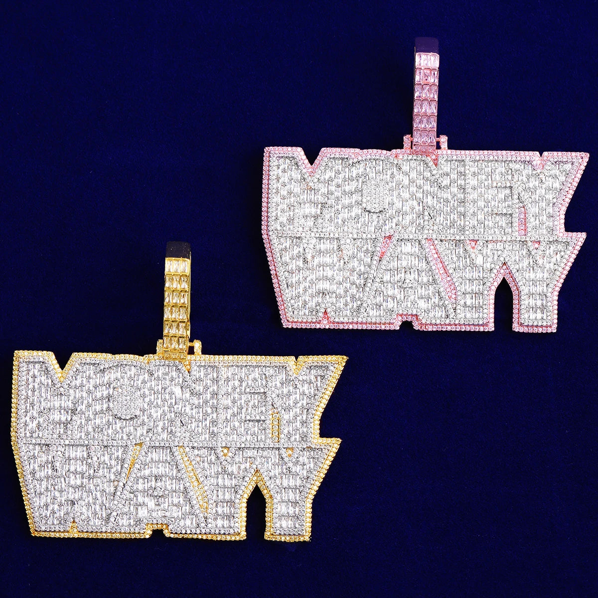 Bubble Letter Iced Out Money Wayy Necklace Pendant for Men Prong Setting Real Gold Plated Hip Hop Jewelry