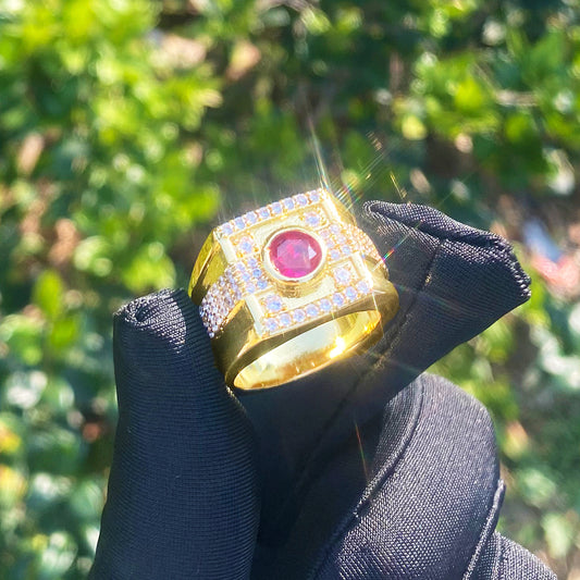 Bubble Letter Iced Out Pink Stone Ring for Men Real Gold Plated Hip Hop Jewelry
