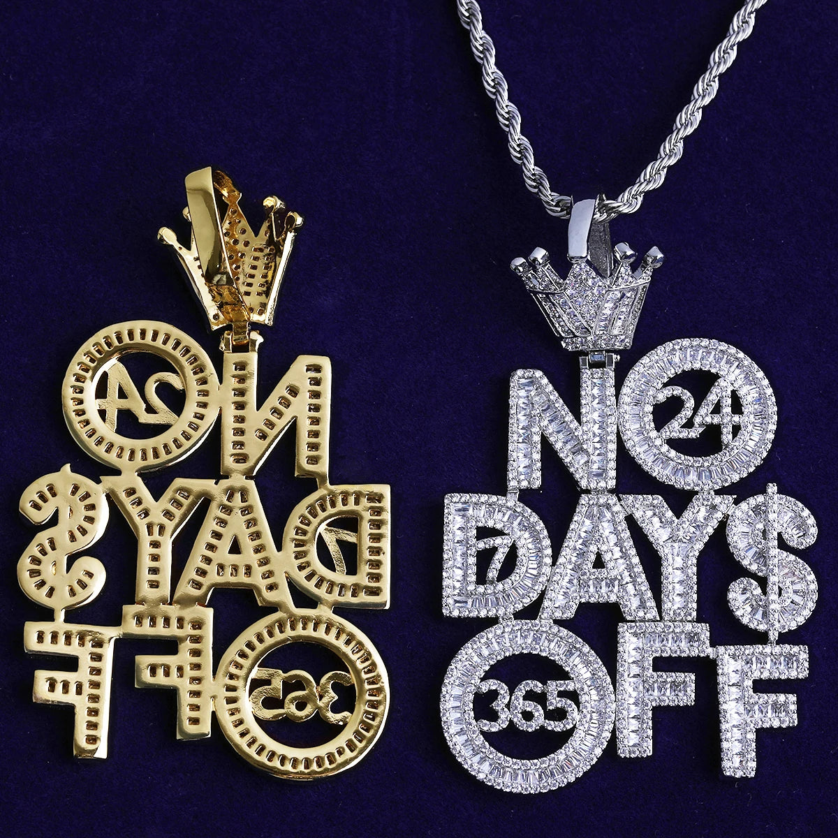Bubble Letter Iced Out No Days Off Crown Bail Necklace Pendant for Men Prong Setting Real Gold Plated Hip Hop Jewelry