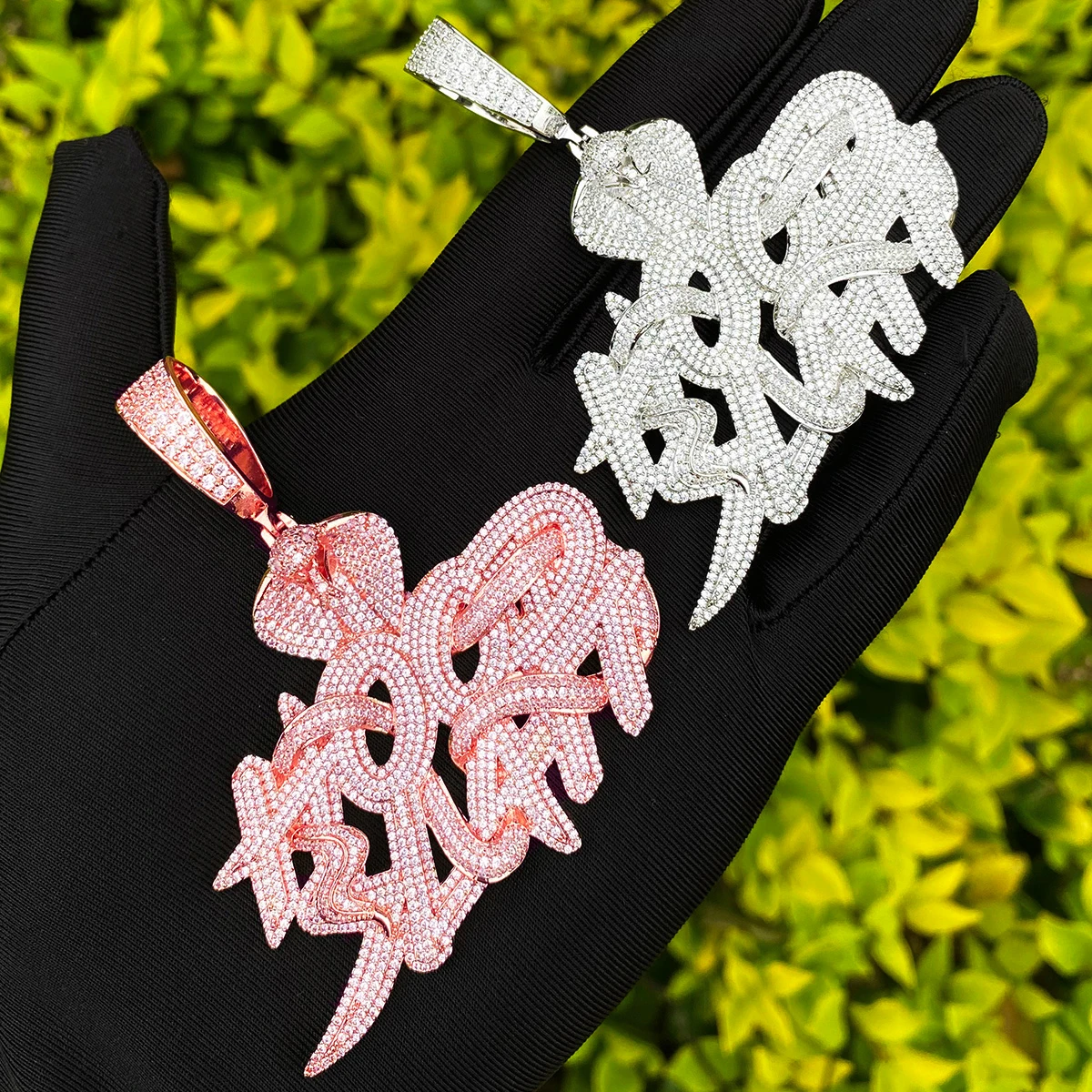 Bubble Letter Iced Out Snake Hood Hustle Necklace Pendant for Men Real Gold Plated Cubic Zirconia Hip Hop Jewelry