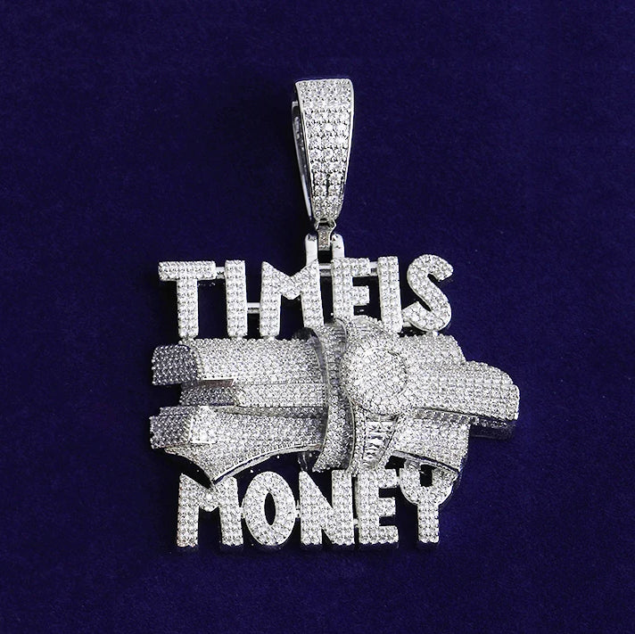 Bubble Letter Iced Out Time is Money Necklace Pendant for Men Prong Setting Real Gold Plated Hip Hop Jewelry