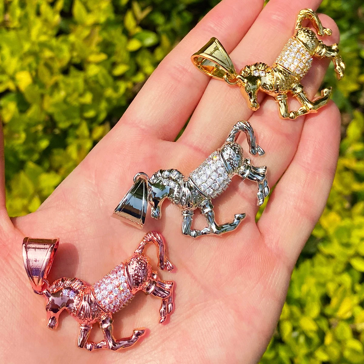 Bubble Letter Iced Out Horse Necklace Pendant for Men Real Gold Plated Cubic Zirconia Hip Hop Jewelry