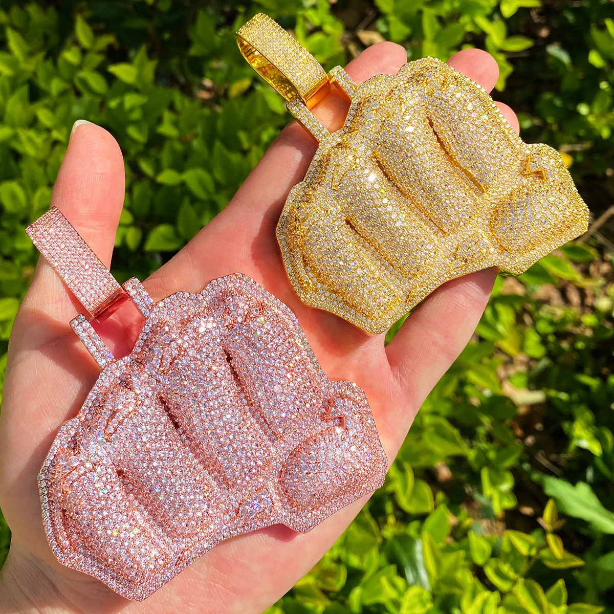 Bubble Letter Iced Out Fist Necklace Pendant for Men Real Gold Plated Cubic Zirconia Hip Hop Jewelry