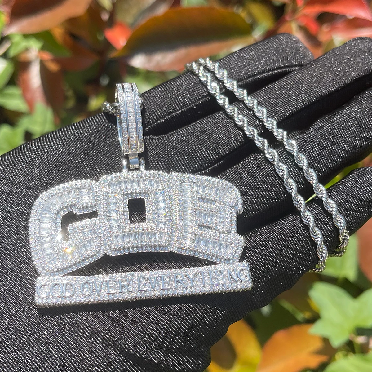 Bubble Letter Iced Out Necklace for Men God Over Everything Pendant Double Color Hip Hop Jewelry