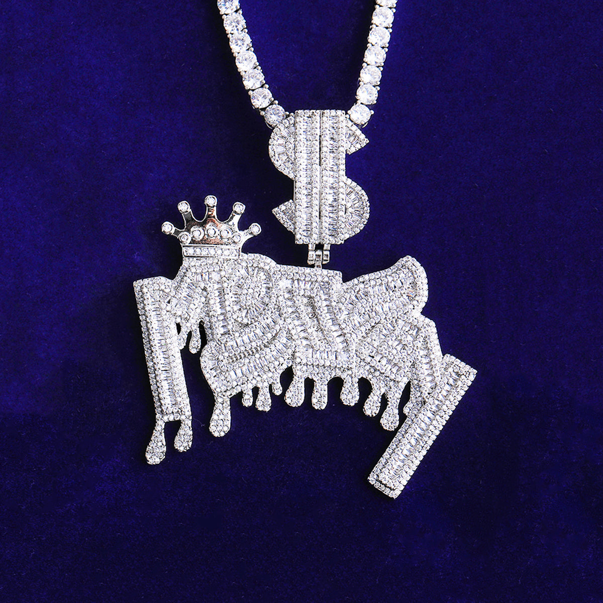 Bubble Letter Iced Out Money Dollar Sign Bail Necklace Pendant for Men 5A Cubic Zirconia Gold Plated Hip Hop Jewelry