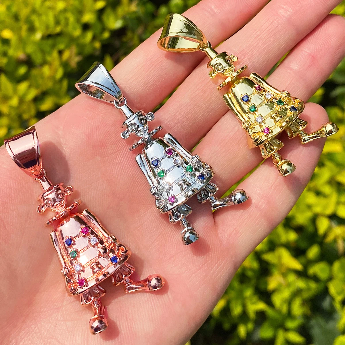Bubble Letter Iced Out 3D Robot Necklace Pendant for Men Real Gold Plated Cubic Zirconia Hip Hop Jewelry