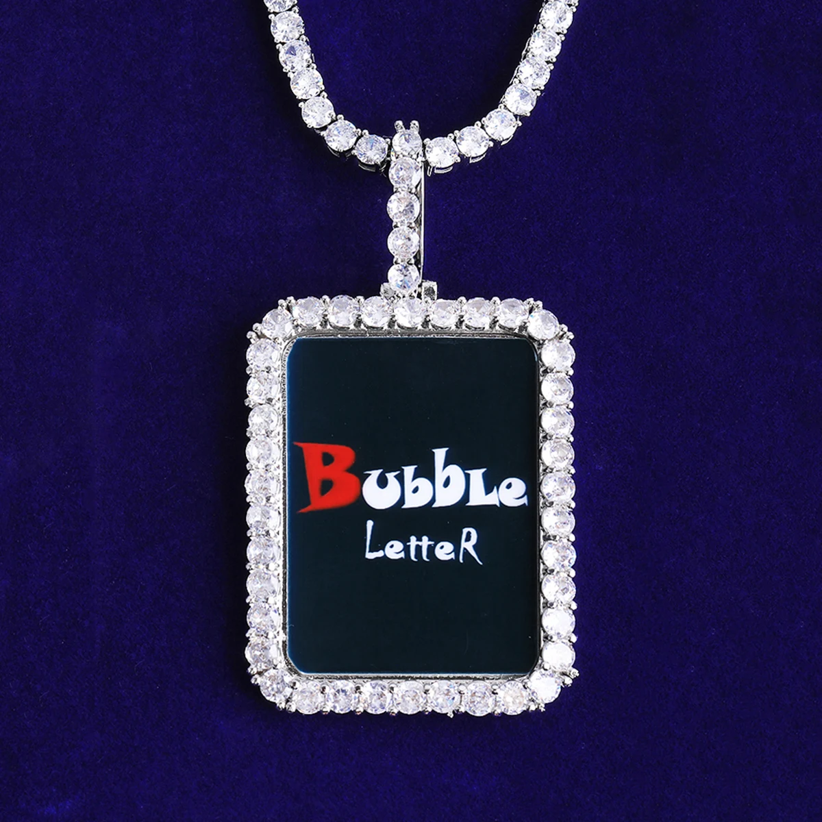 Bubble Letter Iced Solid Back Rectangular Custom Photo Necklace Pendant Men Real Gold Plated 5A Cubic Zirconia Hip Hop Jewelry