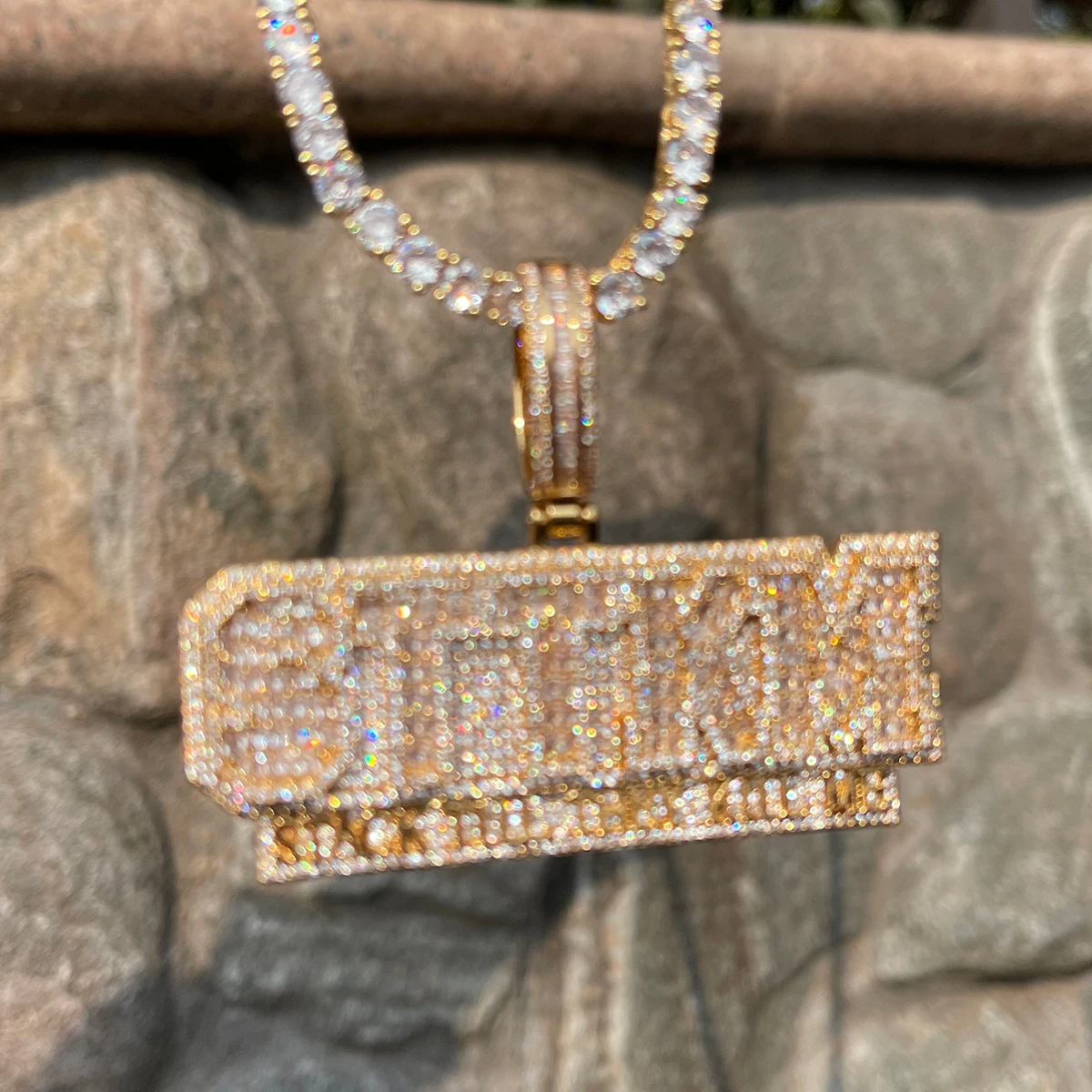 Bubble Letter Iced Out Necklace for Men Stack Till They Kill Me Pendant 5A Cubic Ziconia Real Gold Plated Hip Hop Jewelry