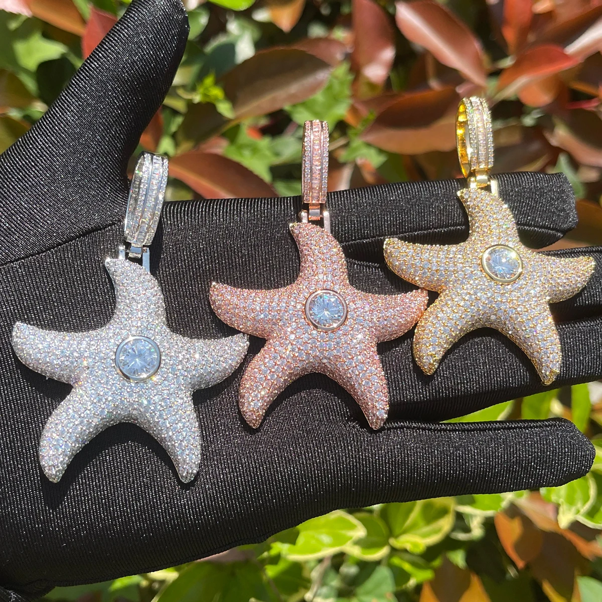 Bubble Letter Iced Out Sea Star Pendant for Women Prong Setting Necklace Cubic Zirconia Hip Hop Jewelry 2023 Trends