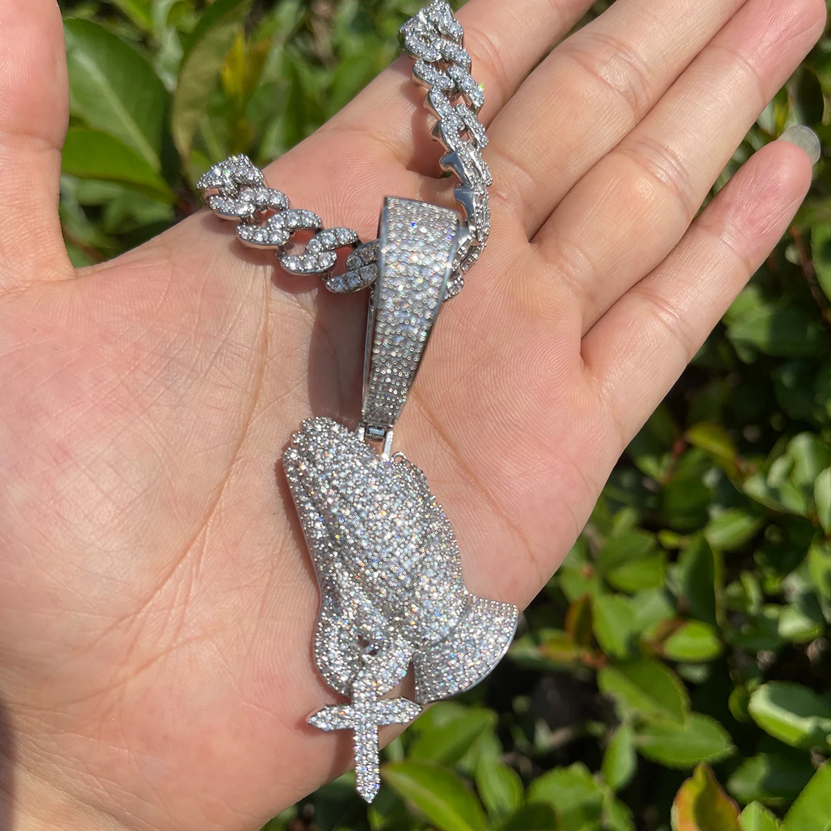 Bubble Letter Iced Out Pray Hands Cross Necklace for Men Real Gold Plated Cubic Zirconia Hip Hop Jewelry