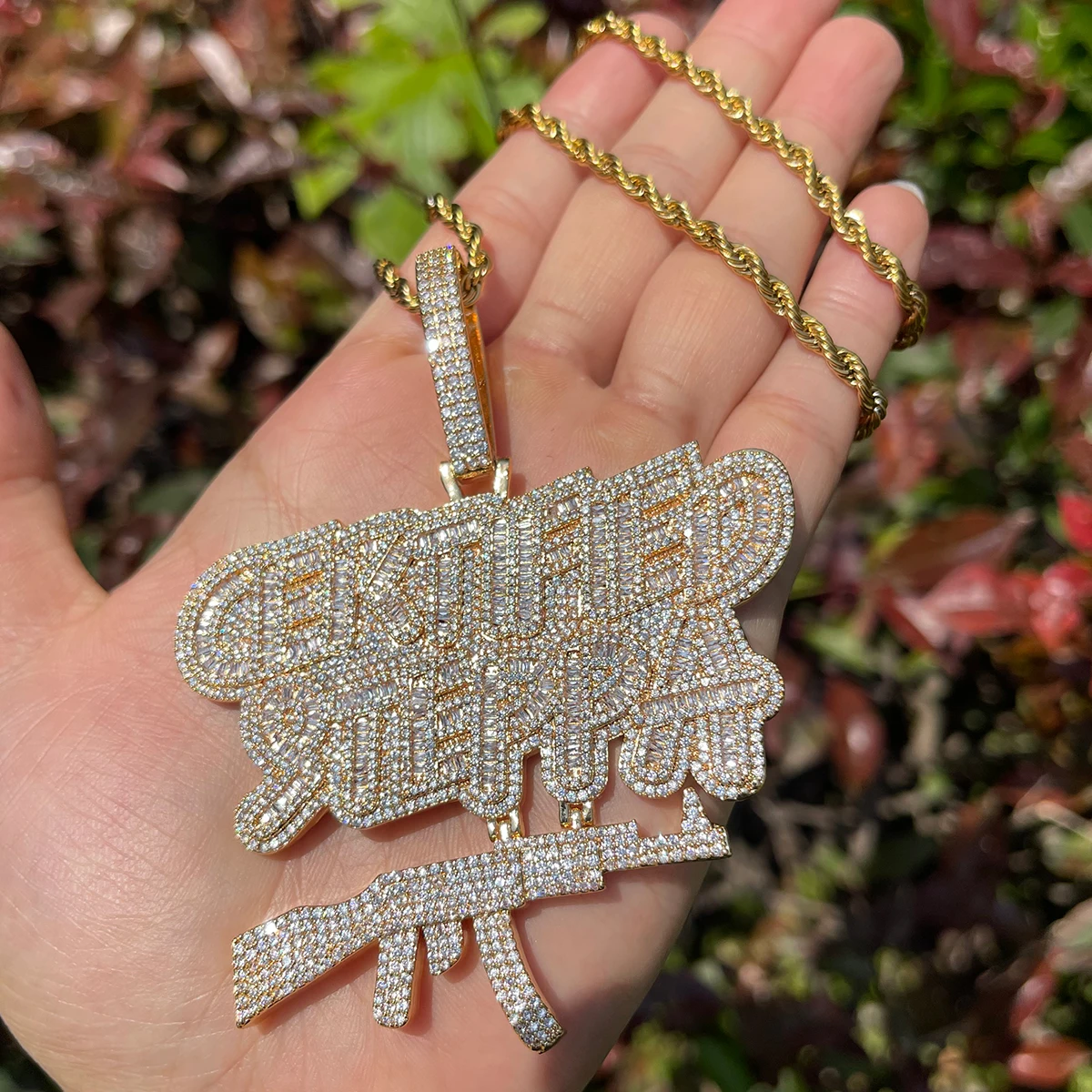 Bubble Letter Certified Steppa Gun Necklace for Men Iced Out Pendant Real Gold Plated Cubic Zirconia Hip Hop Jewelry