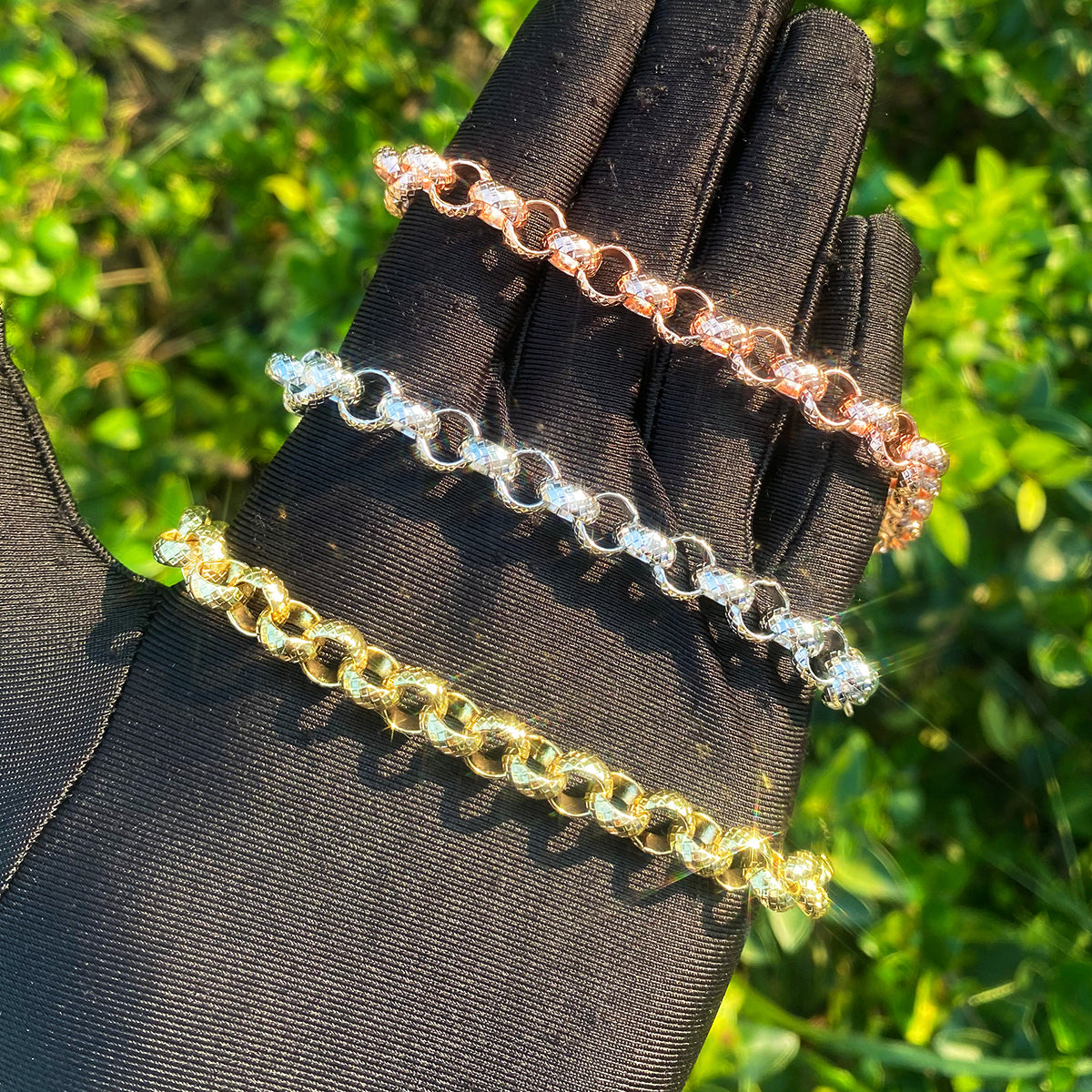Bubble Letter Diamond Cut Belcher Ring Link Bracelet for Men Real Gold Plated Copper Hip Hop Jewelry