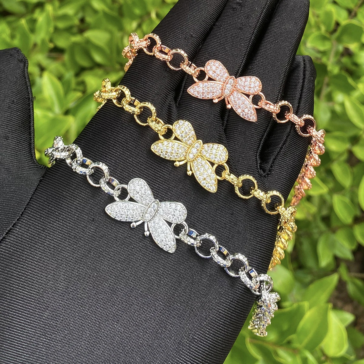 Bubble Letter Iced Out Ring Link Bracelet Butterfly for Women Real Gold Plated 5A Grade Hip Hop Jewelry
